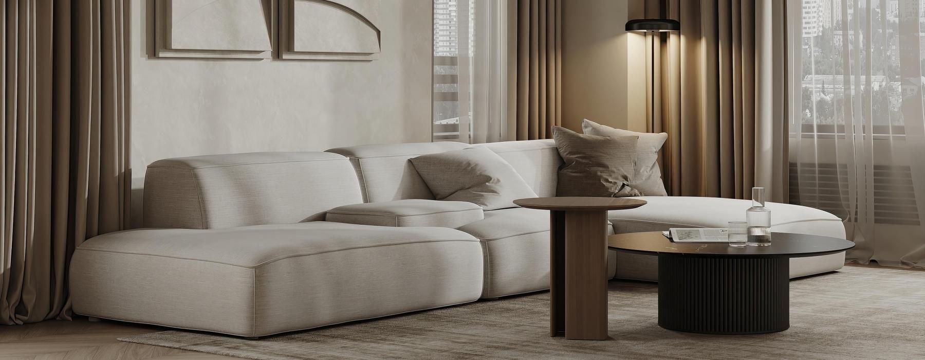 a modern living room with a couch and warm lighting