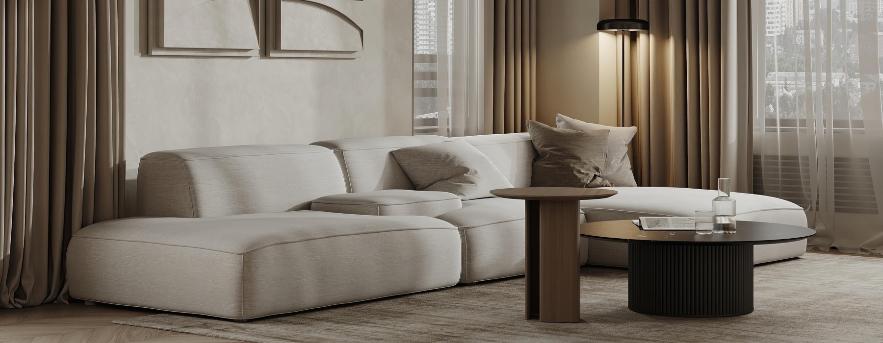 a modern living room with a couch and warm lighting