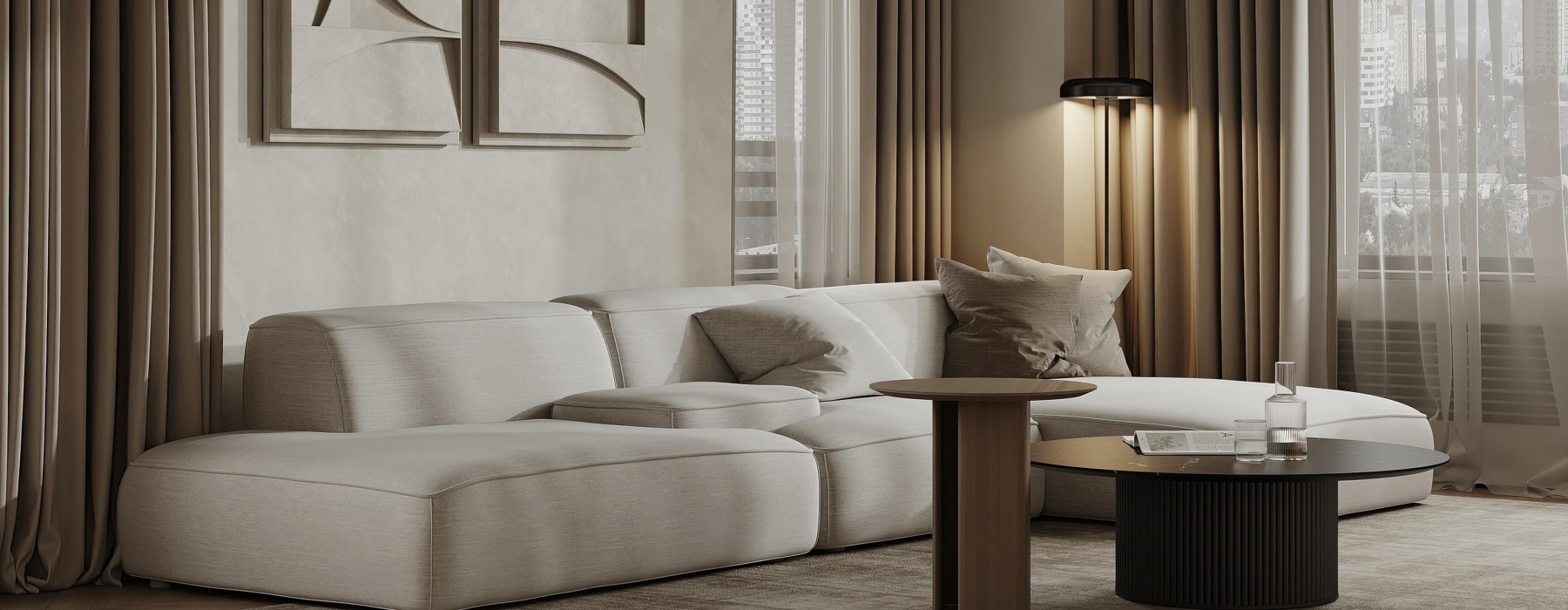 a modern living room with a couch and warm lighting