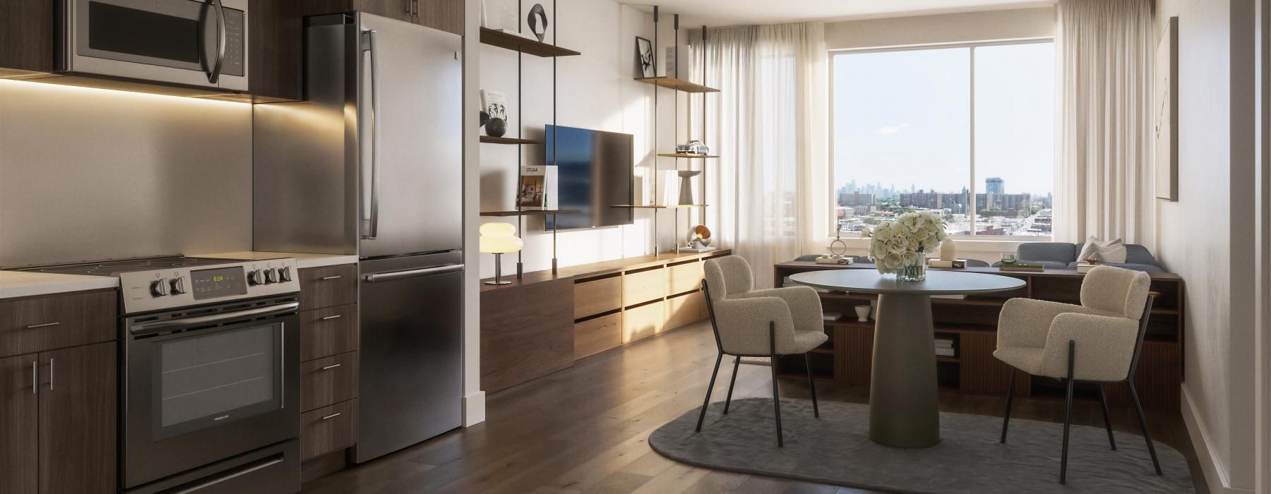 a kitchen with a table and chairs
